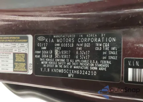 2017 Kia Sedona Lx из США, поврежденный, VIN KNDMB5C1XH6324210